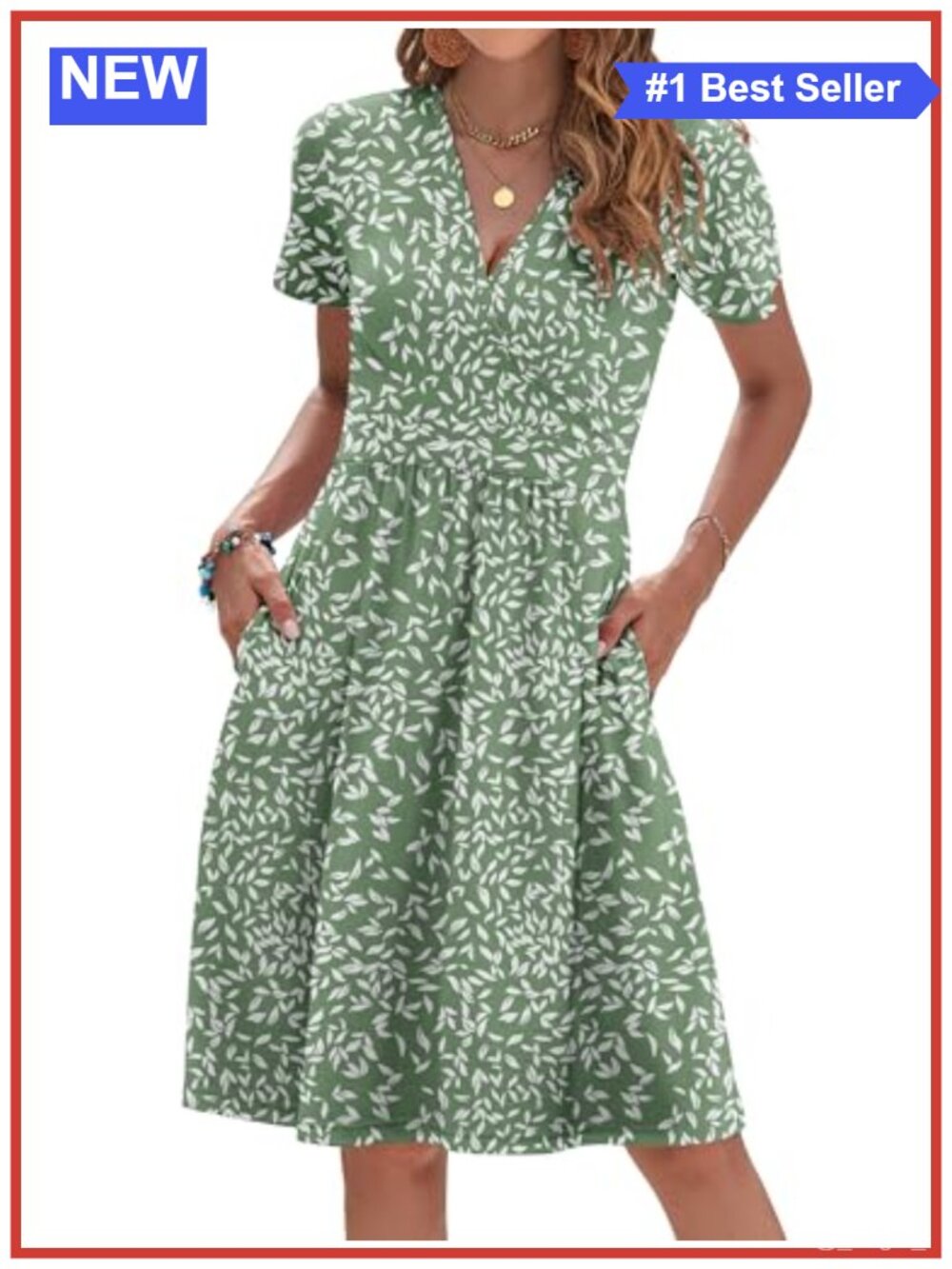 Women's Casual A-Line V-Neck Short Sleeve Dress with Pockets